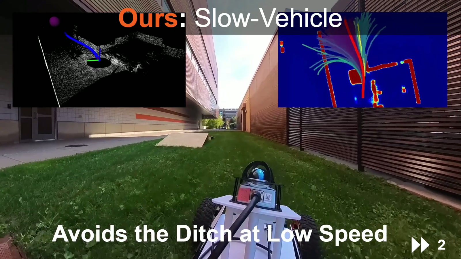 Real-world slow-vehicle condition: the vehicle avoids the ditch at low speed. Video frame at approximately 2:52.