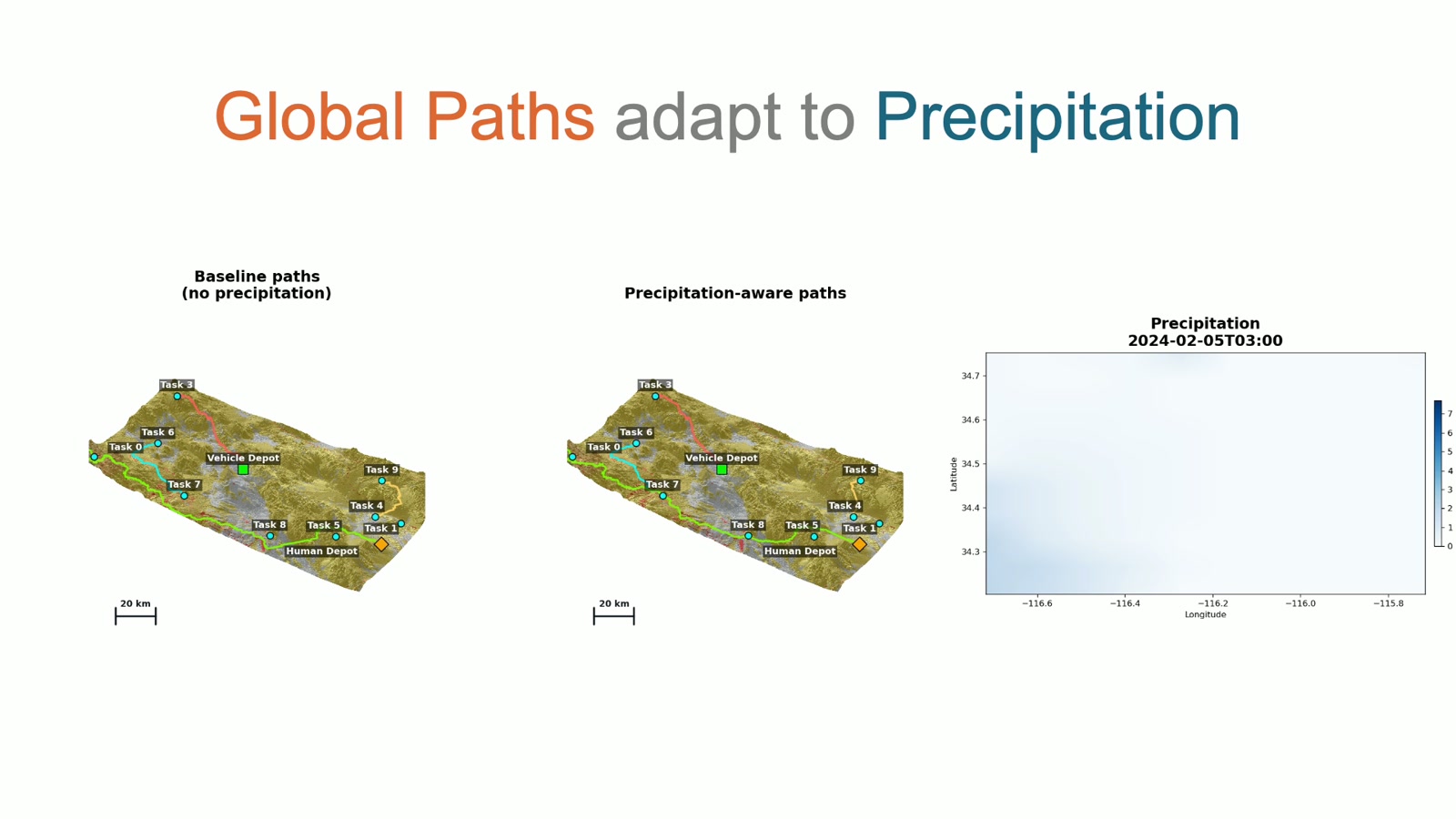 Baseline and precipitation-aware global paths. Video frame at approximately 4:22.